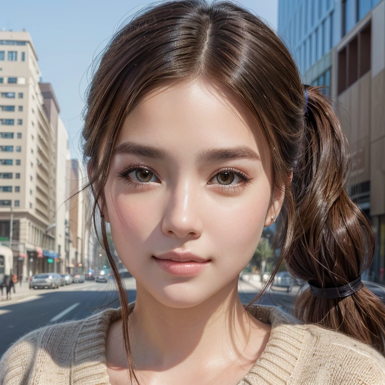 photo realistic portrait of a mega cutie in a mega city, brown eyes, brown hair, pony tail