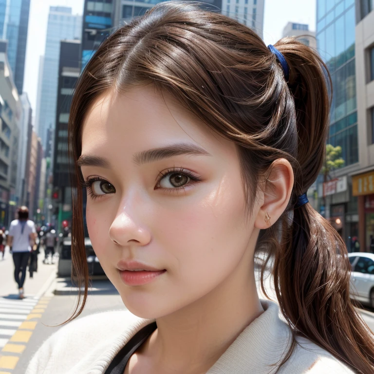 photo realistic portrait of a mega cutie in a mega city, brown eyes, brown hair, pony tail