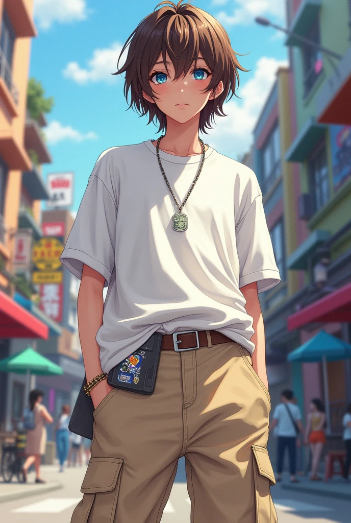 one , blue eyed, brown hair with length a bit below the shoulders ,com one calça cargo beje e one camiseta branca larga. anime styling