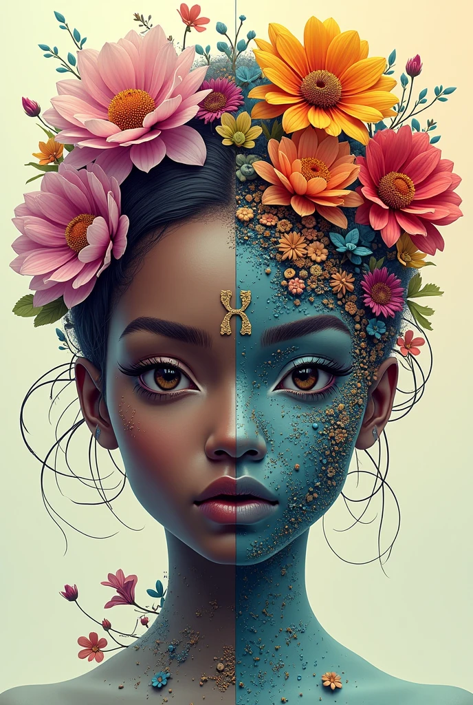 cover for the music track titled “Trembeat - Ritual”. The image should feature a face and upper body that seamlessly blend two styles: one side should suggest a realistic female human with dark skin and subtle ethnic symbols, while the other side should evolve into a futuristic robot. The robot’s surface should integrate vibrant, colorful flowers that flow organically from the human side, creating a harmonious fusion of natural and artificial elements. Ensure the transition between the human and robot aspects is fluid and natural. The text “Trembeat - Ritual” should be incorporated in a modern, artistic font that complements the overall design, enhancing the blend of traditional and futuristic aesthetics.