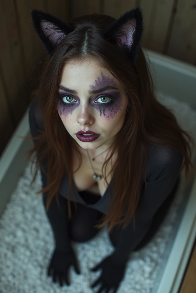 A  sad 18 year old Russian girl wearing a realistic cat costume  kneeling in a litter box with white gravel shot from above as she looks at the camera. Big breasts. Wearing cat makeup . Fangs. Exposed nipples.