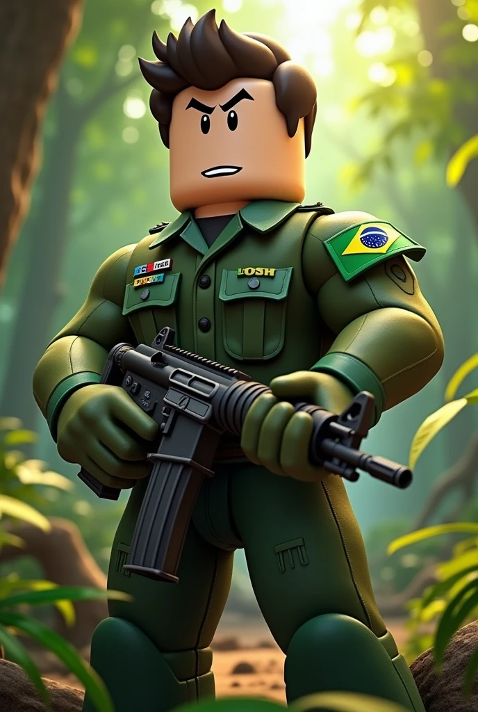 Create a picture of a Roblox character wearing military clothing in the Brazilian army on Roblox. The figure must be square and have a serious face holding a weapon.