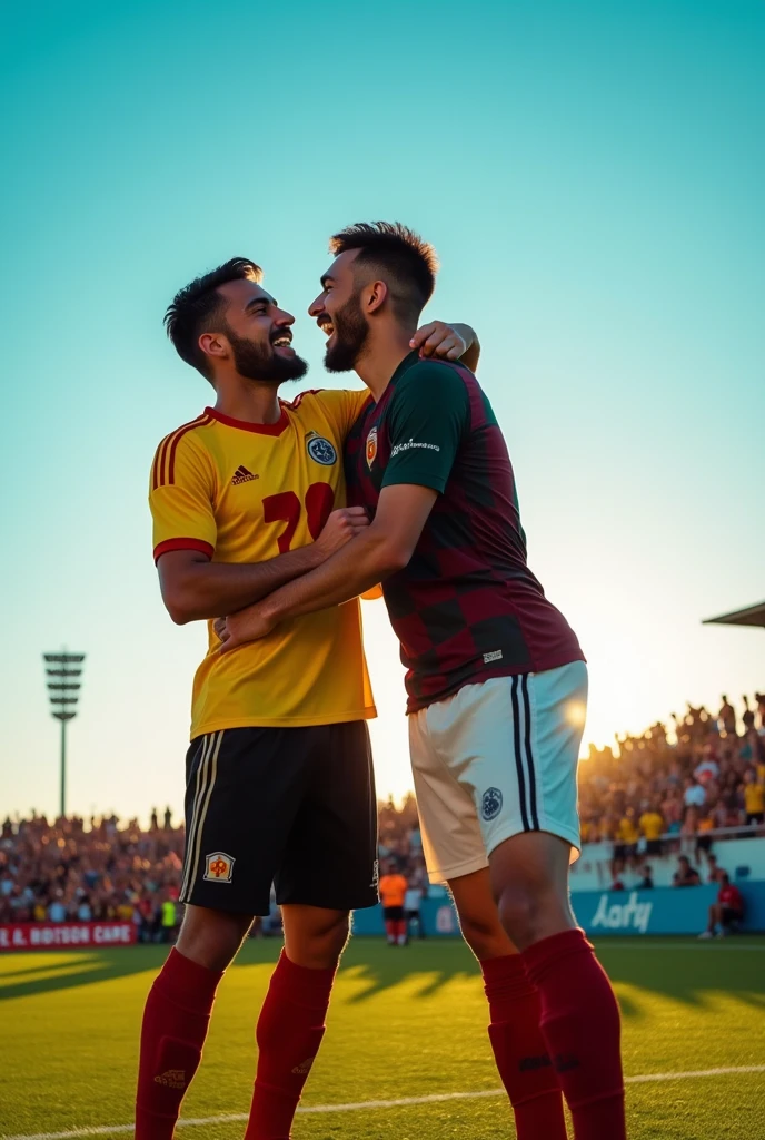 Two soccer player hugging each other in a soccer ground one of them wearing yellow and red Joshi with black shots and the other one is wearing maroon and dark green Joshi with white shorts
Both of them were raising their voice for justice for rape victims
