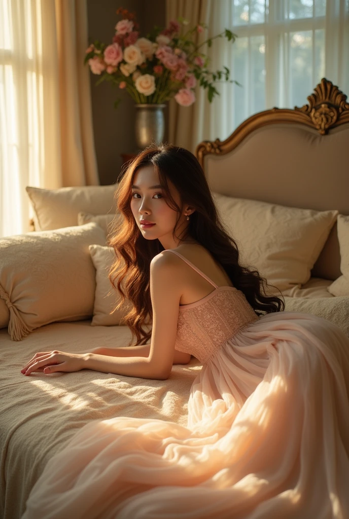 As a beautiful woman sitting on a bed wearing a pretty dress