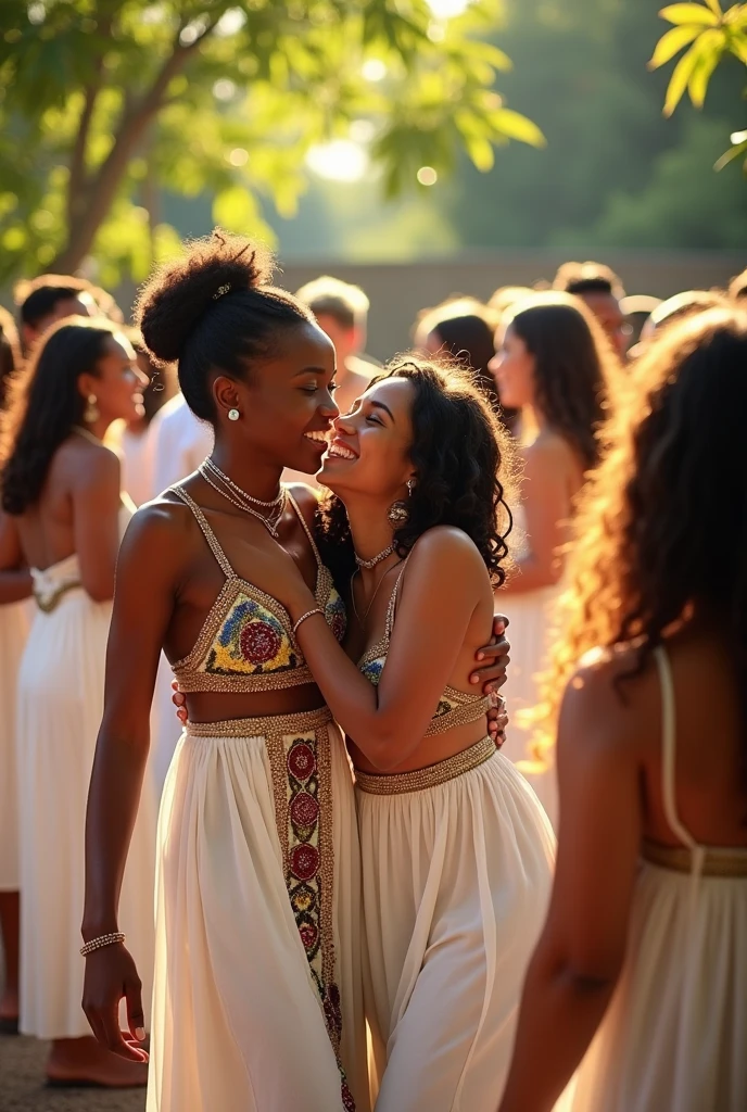 People smiling and hugging each other in a Candomblé terreiro after a ritual.