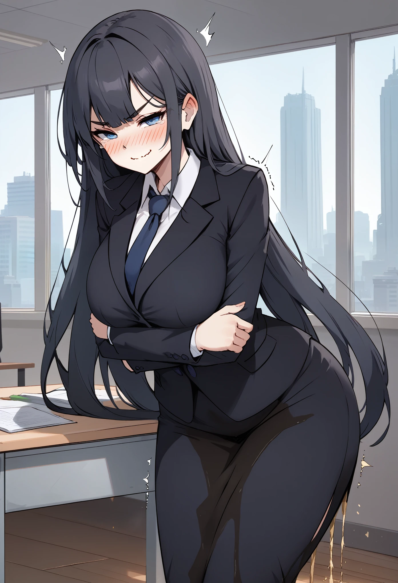 1girl, woman, (wetting self:1.75), desperation, (very long hair:1.5), straight hair, very long bangs, huge breasts, black hair, blue eyes, (black business suit:1.5), necktie, pencil skirt, pantyhose, (blushing:1.5), aroused, orgasm, (smirk:1.5), (wavy mouth:1.25), (tears:1.25), (trembling:1.5), (arms crossed:1.5), indoors, office, window, cityscape