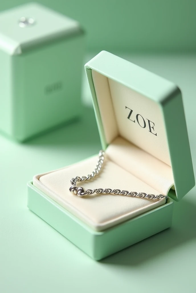 Create a plain pastel pistachio green earring box with a chain inside and the name ZOE in a serif font.