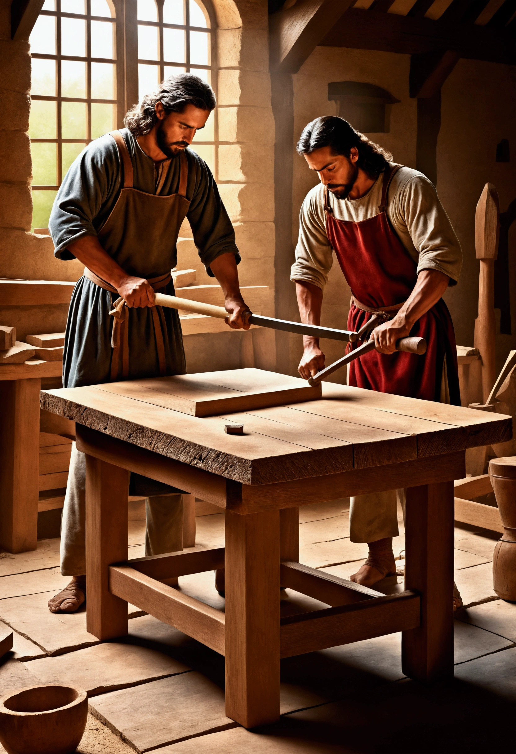 Jose and Jesus working as carpenters making a medieval wooden table,hammer and saw,Martial arts vector art