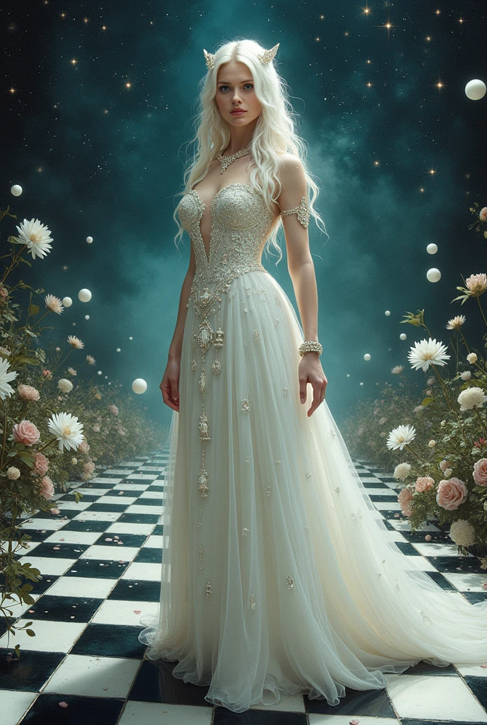 The White Queen from Alice trough the looking glass as the Queen of Hearts sister and with a chess astatic 