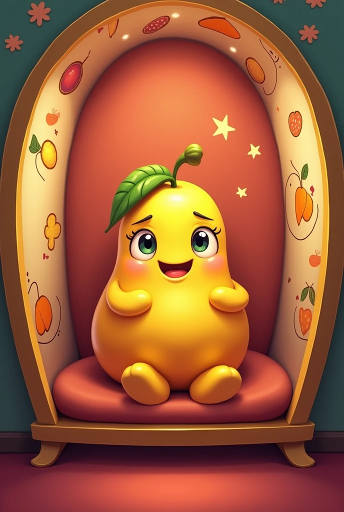 An animated mango sitting cross-legged in the confessional of the celebrity house 