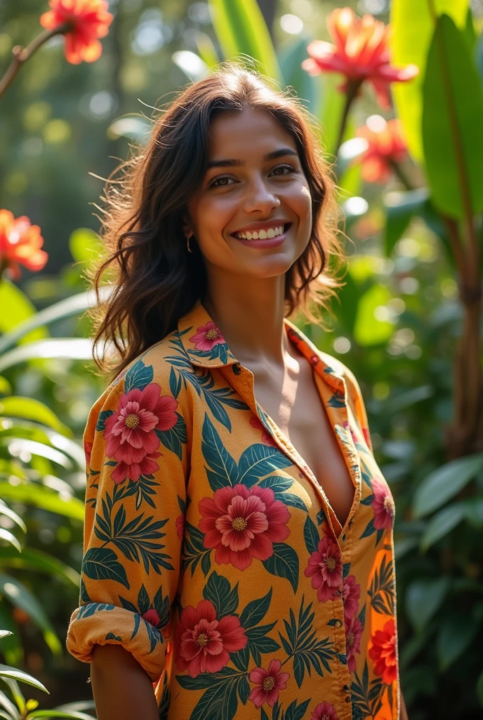 A Brazilian woman in a lush tropical garden, wearing an open shirt with a floral print, with a close-up capturing the harmonious beauty between her breasts and the natural flowers, showing off your natural charm and outgoing personality.