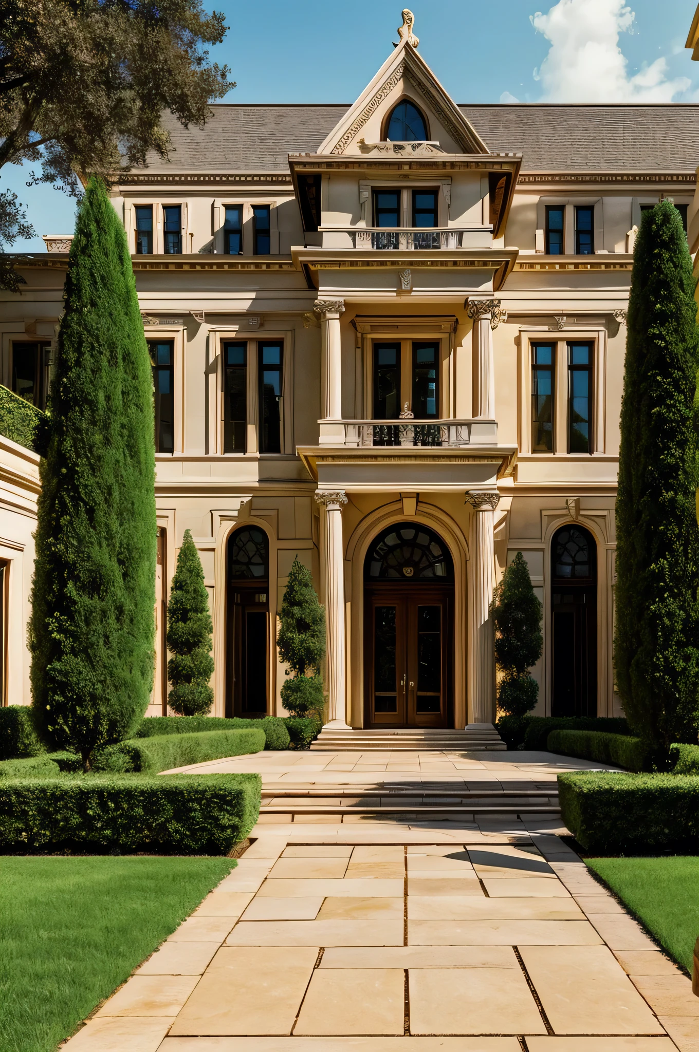 "Create an image of a grand, luxurious mansion with classic European architecture, featuring tall, ornate pillars, intricate stone carvings, and large arched windows. The mansion should be surrounded by lush greenery, with manicured topiary trees flanking the entrance. In front of the mansion, place a sleek, high-end luxury car, parked on a polished stone driveway. The overall scene should exude elegance, opulence, and timeless sophistication, with soft, warm lighting enhancing the architectural details and creating a serene atmosphere."