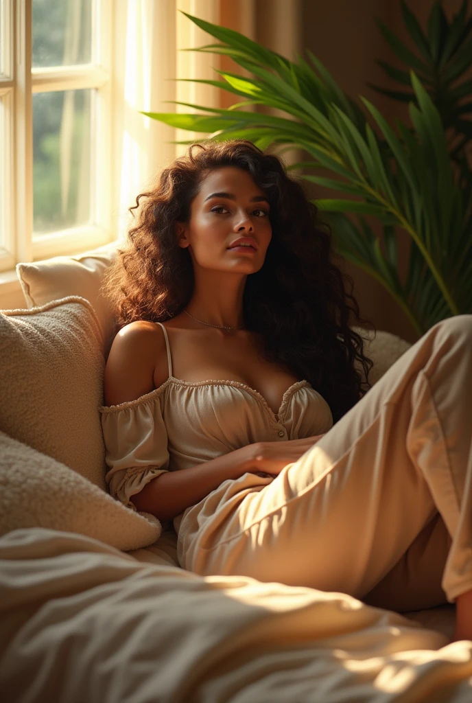 (photorealism:1.2), beautiful woman, sitting on bed, wearing loose off-shoulder top, pajama pants, long curly hair, indoors, soft lighting, plants in background, window with sunlight, cozy room, relaxed pose, realistic, intricate details, warm colors, by Greg Rutkowski, by Alphonse Mucha