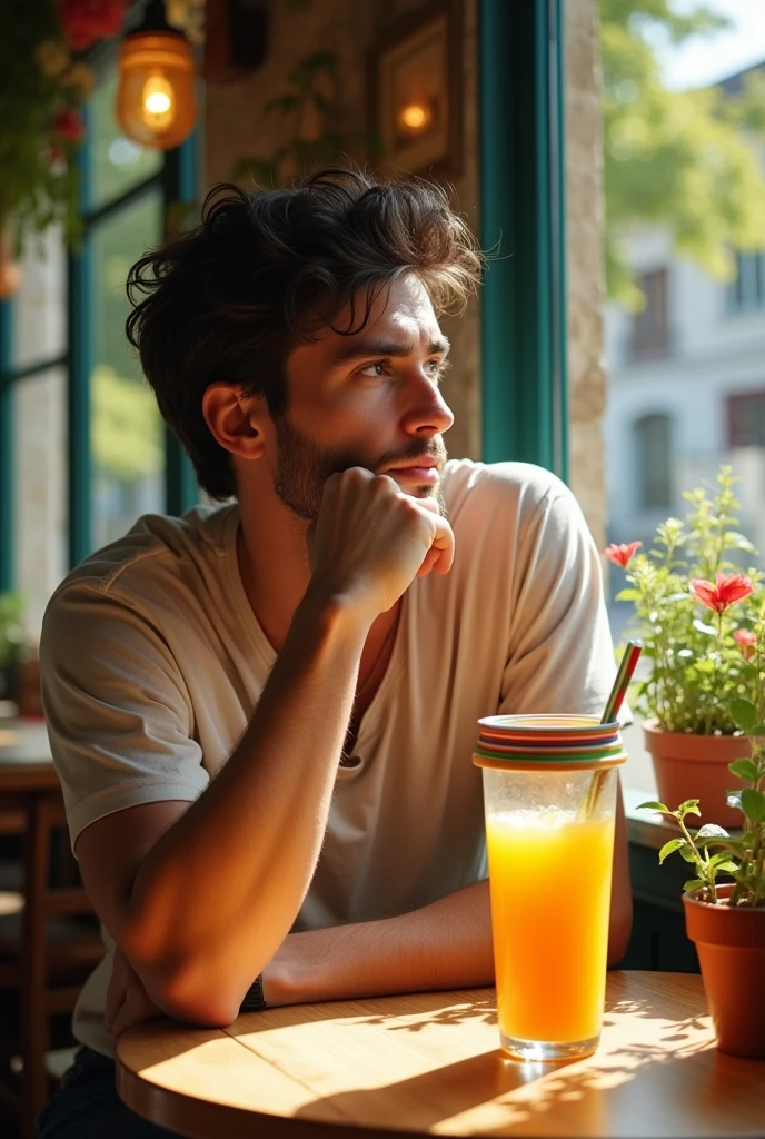 a young man drinking juice from a glass with a lid, reminiscing
