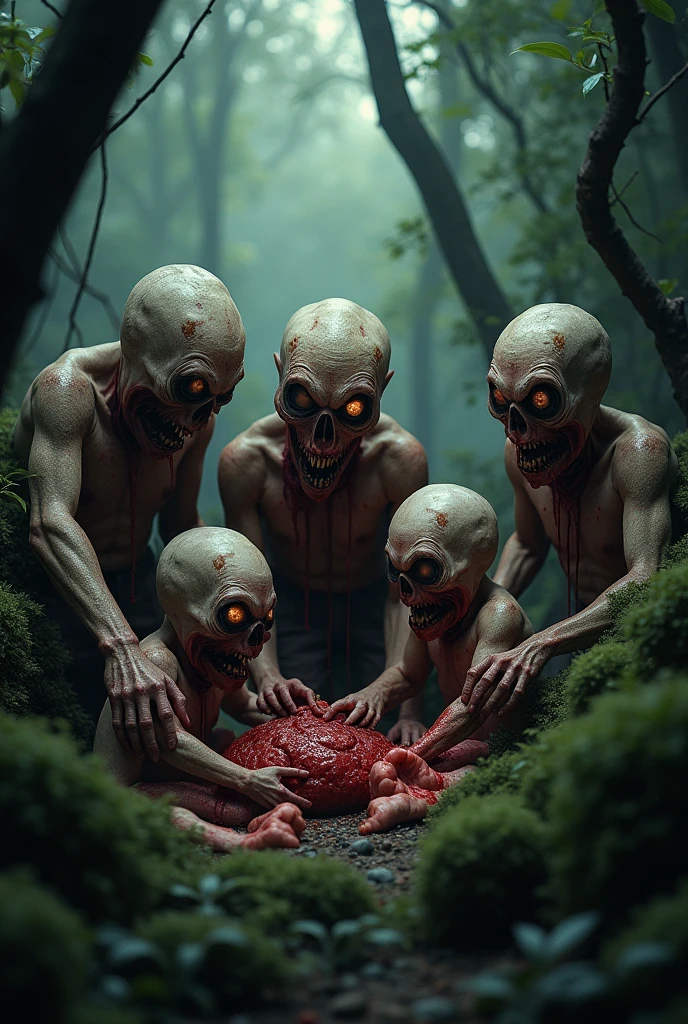 A photorealistic image of a horrifying, deformed cannibalistic family deep in a dark, dense forest. Each member of the family is grotesquely disfigured, with twisted, misshapen faces and sunken, haunting eyes. The focus is on their terrifying faces as they feast on pieces of raw human flesh. The forest around them is shadowy and eerie, with gnarled trees and thick underbrush adding to the sinister atmosphere. The image should capture the macabre and terrifying nature of the scene, with a particular emphasis on the frightening, deformed faces of the cannibal family members.