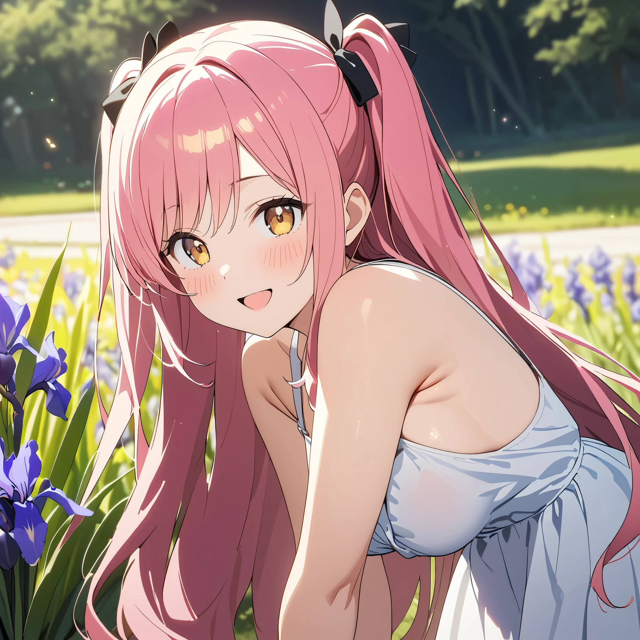 (1 girl),(Best Picture Quality, 8K, Masterpiece:1.3), (18year:1.5), ((pink long hair:1.1)), (swept bangs), ((cute eyes, pupil black, iris yellow gold,youthful face)), (standard weight), (medium breasts,curvy), (glistening skin:1.1),sundress,ishtar,happy, yellow eyes, long twintails 