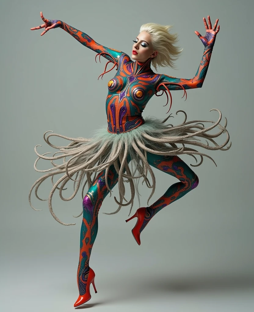 Lovecraftian Lady gaga, sexy cyborg body part, magazine cover, poster art , Lovecraftian creative creatures, hint of vibrant, bold huge text, matted design layout. technological elements, cosmic dread, noise background