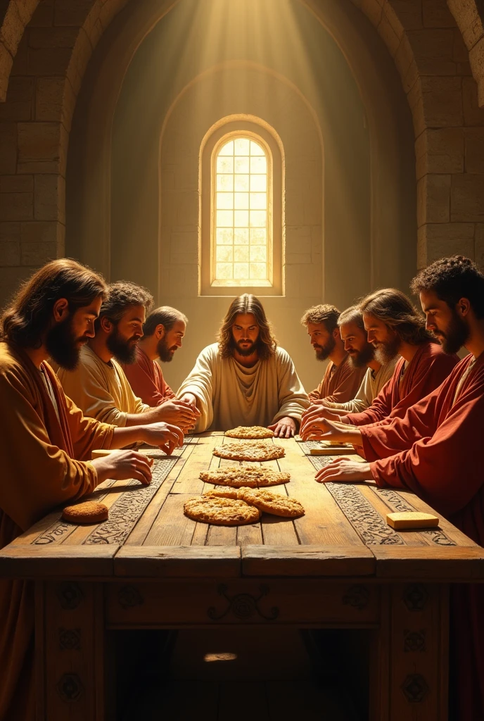 A Renaissance-style depiction of Jesus at the Last Supper, seated at the center of a long, wooden table, surrounded by His apostles. Jesus is the focal point, illuminated by a soft, warm light that highlights His serene expression as He breaks and distributes the bread. The apostles are arranged around Him, some reaching out to receive the bread, others engaged in conversation or contemplation. The scene is bathed in warm, golden tones, creating a sense of intimacy and reverence. The background features stone walls, softly lit, with subtle details such as an arched window and religious symbols that enhance the sacred atmosphere. The overall lighting is gentle and uniform, drawing the viewer's attention naturally to Jesus at the center