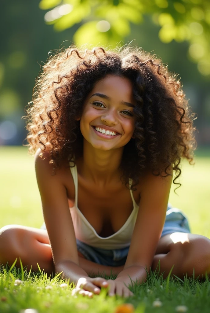 A brunette girl with curly hair and big breasts sits with her legs stretched out, taking a realistic photo