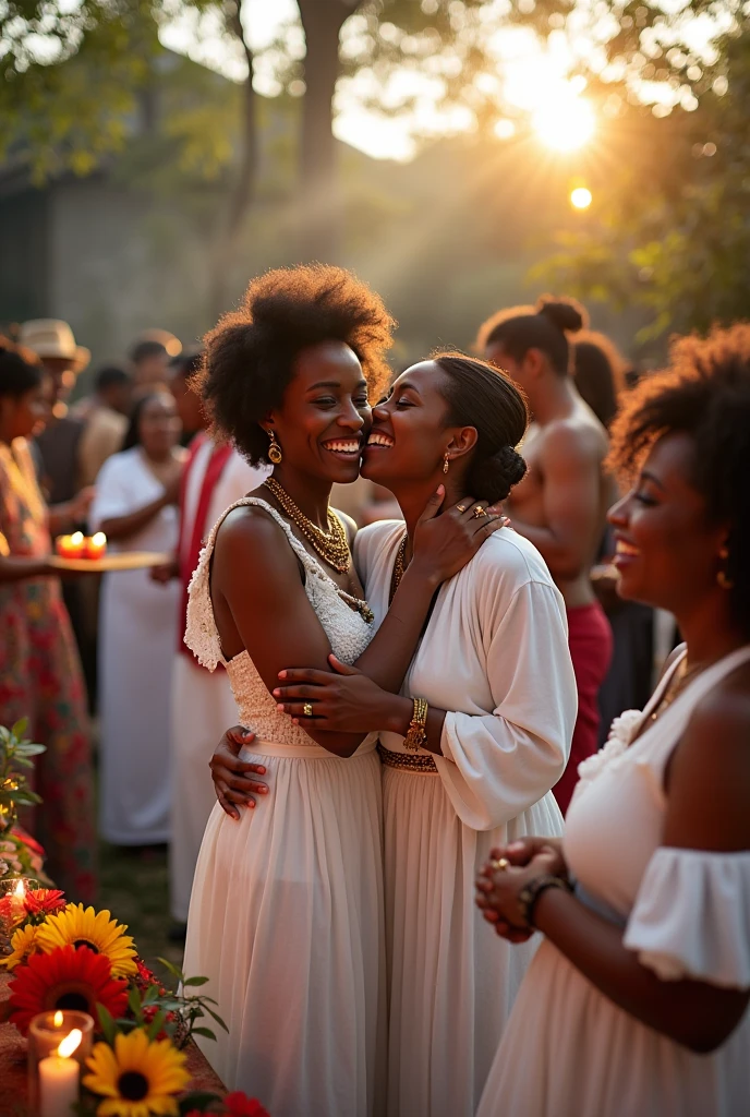  Several people smiling and hugging each other in a Candomblé yard after a ritual.

