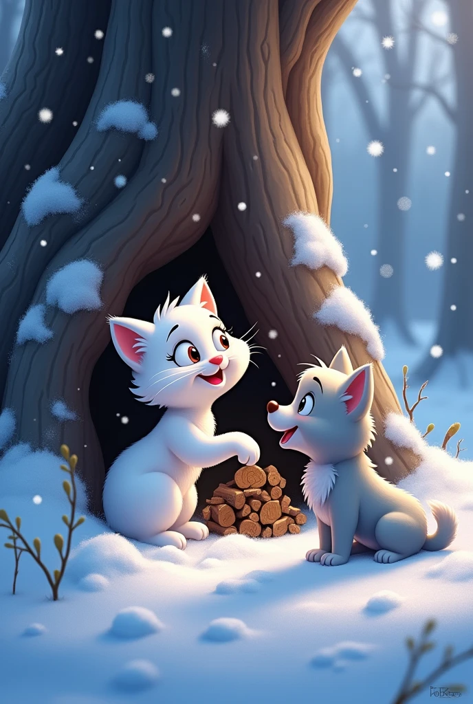 Snowy with wide eyes, excitedly pointing with her paw at a pile of dry wood hidden under a large tree. Cloud is next to her, her ears perked up, looking excited as well. 3d animation Disney inspired