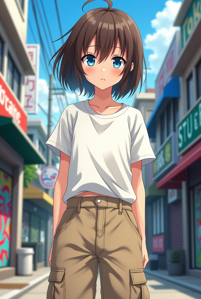 one , with slanted and blue eyes, brown hair with a length just above the shoulders ,com one calça cargo beje e one camiseta branca larga. anime styling