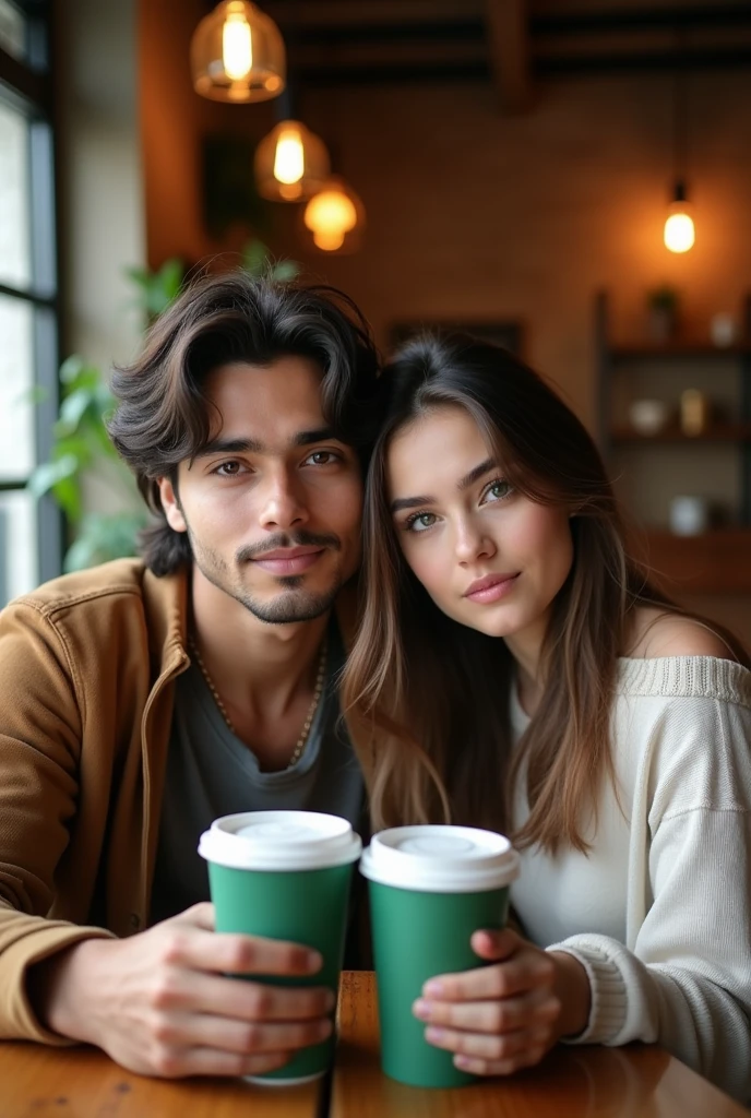 A 21 years old indian handsome boy with medium long hair and seating with his 20 years old beautiful and fair indian girlfriend and both are seeting on a table with their starbucks coffee and taking selfie and both are not smiling 