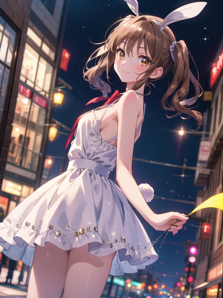 Yumi Fukuzawa、Shiny brown hair,Medium Hair, 、(( High Twintails、rabbit style)),Beautiful brown eyes、Sparkling eyes, fine grain、smile、Very fine eye、Very detailed顔, Very detailed目,Cowboy Shot、
(Photorealistic:1.4, 8k), Highest quality, masterpiece, 超High resolution, Perfect dynamic composition,Highest quality, Very detailed, Very delicate and beautiful, High resolution, Very detailedCG, masterpiece,
((Browsing Caution)),Semi-transparent thin camisole dress,(((Anime Style:2,Mature Woman,Shyness,18-year-old))),
Red face,Downtown street corner at night,passenger,(Areola),Put your arms behind your back,Expose