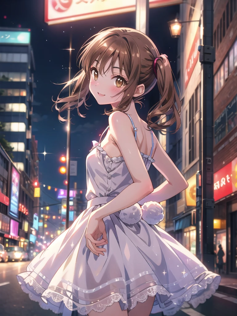 Yumi Fukuzawa、Shiny brown hair,Medium Hair, 、(( High Twintails、rabbit style)),Beautiful brown eyes、Sparkling eyes, fine grain、smile、Very fine eye、Very detailed顔, Very detailed目,Cowboy Shot、
(Photorealistic:1.4, 8k), Highest quality, masterpiece, 超High resolution, Perfect dynamic composition,Highest quality, Very detailed, Very delicate and beautiful, High resolution, Very detailedCG, masterpiece,
((Browsing Caution)),Semi-transparent thin camisole dress,(((Anime Style:2,Mature Woman,Shyness,18-year-old))),
Red face,Downtown street corner at night,passenger,(Areola),Put your arms behind your back,Expose
