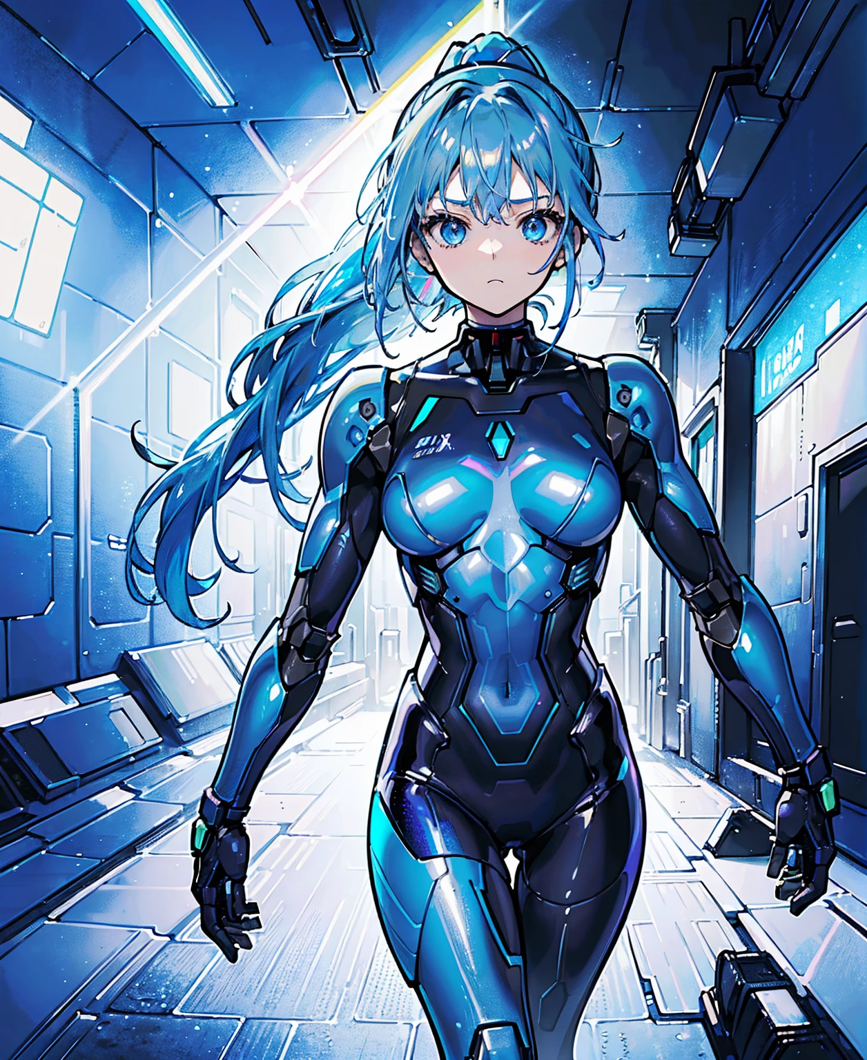((Holographic glow effect))、Blue Hair、Masterpiece、Best Quality、1 person、Medium breast、((Album cover))、Light on Face、Slim Body、Blue Costume、Exoskeleton、metal Gear、Cyberpunk Style、ponytail、The Gundam pilot、attention arousal，Ride a fighter