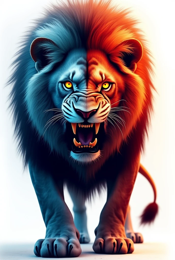 Make me a lion facing forward, full of anger with intense yellow eyes, half of his face red like fire and the other half blue, with a completely white background.