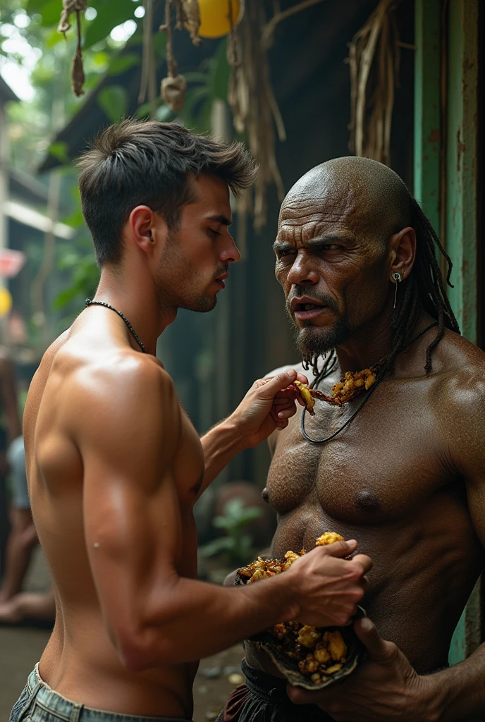 Shirtless muscular man, eating a big one next to a ufo ,in favela 