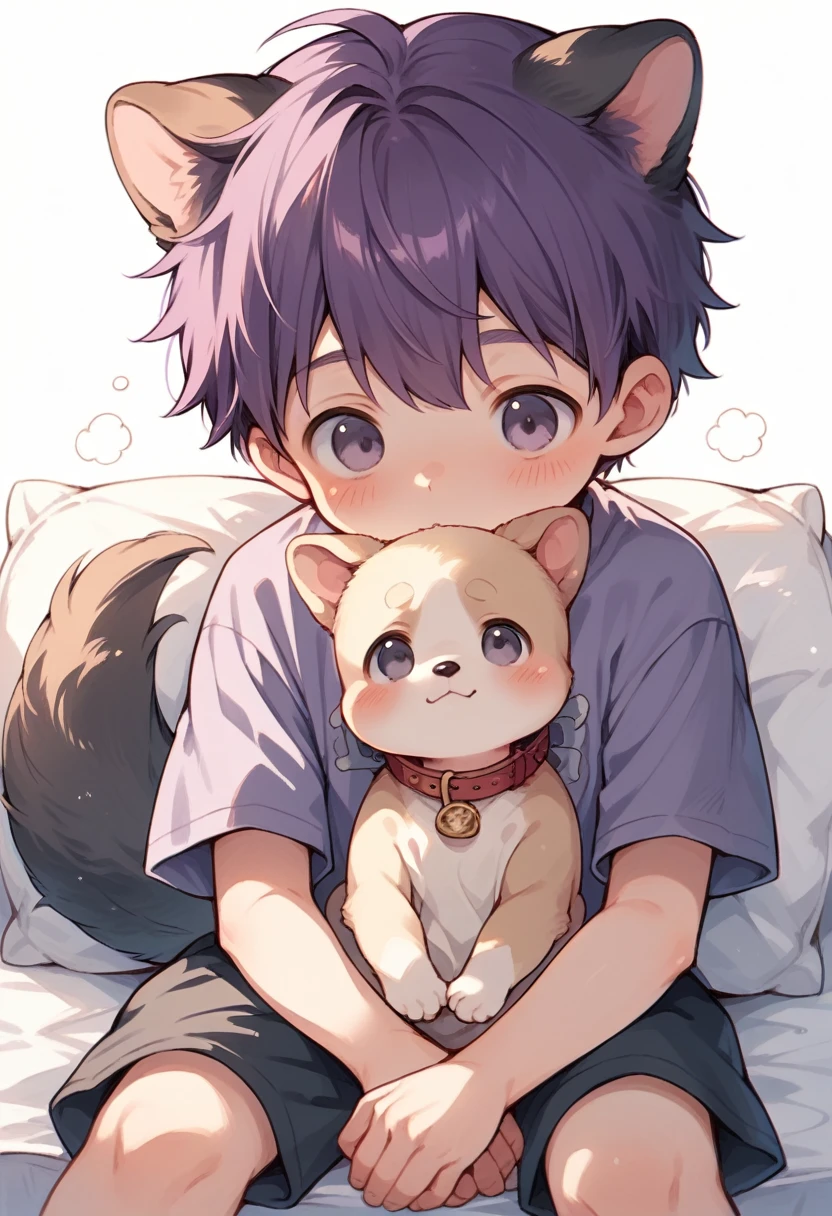 Boy, child, body, gray eyes, small and childish body, short dark purple hair, flushed cheeks, dog ears, dog tail, cute, adorable, sitting on a pillow, anime