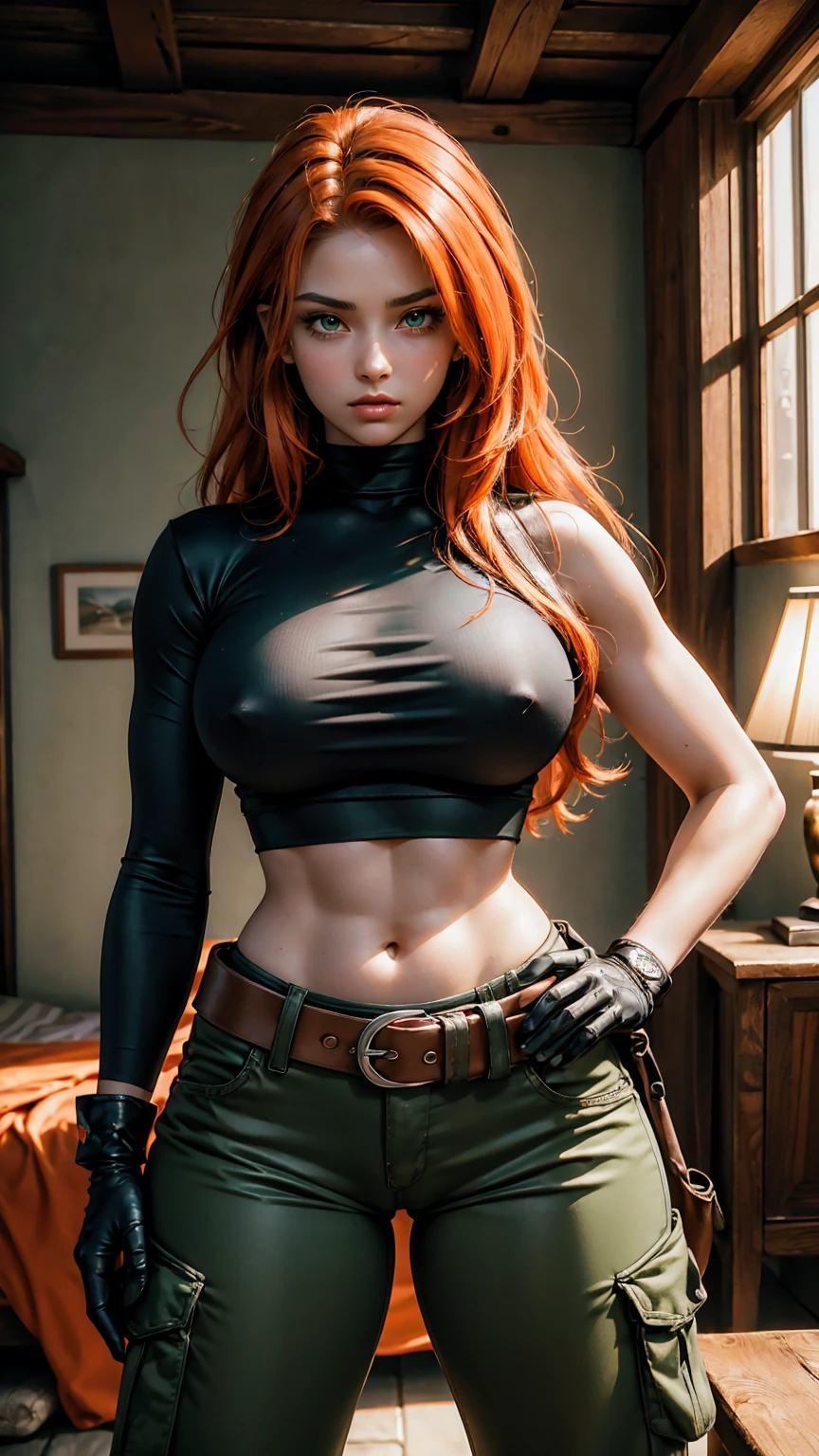 Masterpiece, raw, beautiful art, professional artist, 8k, very detailed face, very detailed hair, 1girl, Kim Possible, wearing (Orange-red hair, green eyes, confident expression, black crop top, black gloves, brown belt, green cargo pants:1.1), cameltoe, posing in her bedroom, perfectly drawn body, beautiful face, long hair, very detailed eyes, rosey cheeks, intricate details in eyes, puckered lips, perfect fit body, beautiful body, extremely detailed, intricate details, highly detailed, sharp focus, detailed skin, realistic skin texture, texture, detailed eyes, high resolution, kodak vision color, foto_\(ultra\), post-processing, maximum detail, roughness, real life, ultra realistic, photorealism, photography, absurdres, RAW photo, highest quality, high detail RAW color photo, professional photo, extremely detailed UHD 8k wallpaper unit, best quality, highres, (masterpiece, top quality, high resolution:1.4), photo, cinematic, film grain, sharp, soft natural light, magic photography, super detailed