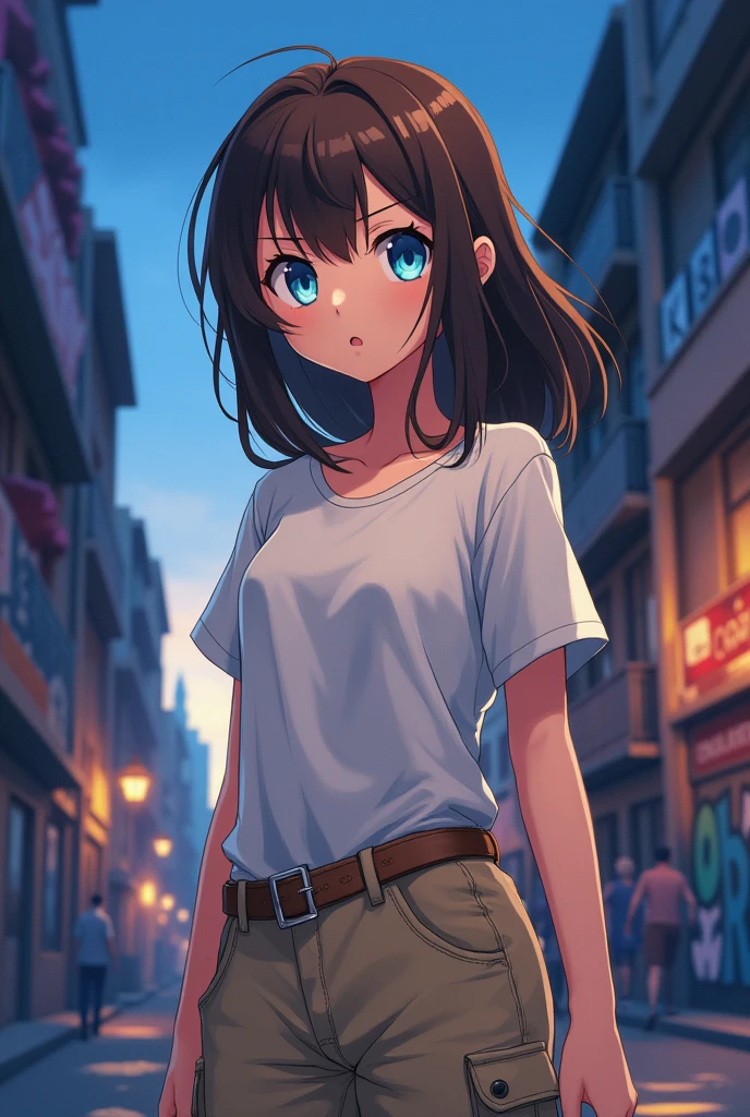 one , with slanted and blue eyes, brown hair with medium to long length ,com one calça cargo beje e one camiseta branca larga. anime styling