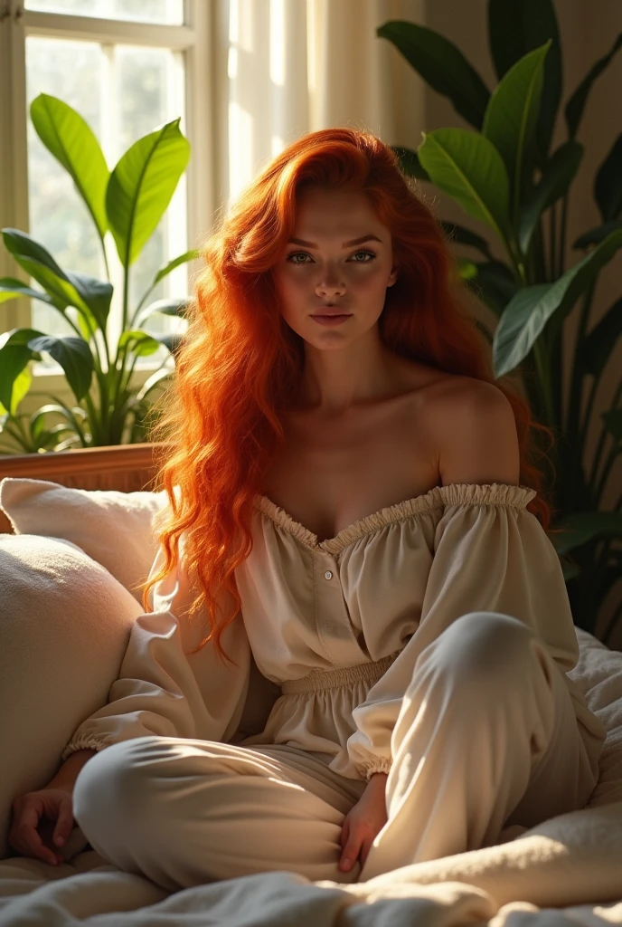 (photorealism:1.2), brave woman, sitting on bed, wearing loose off-shoulder top, pajama pants, long curly hair, indoors, soft lighting, plants in background, window with sunlight, cozy room, relaxed pose, realistic, intricate details, warm colors, by Greg Rutkowski, by Alphonse Mucha, redhaed, fat girl