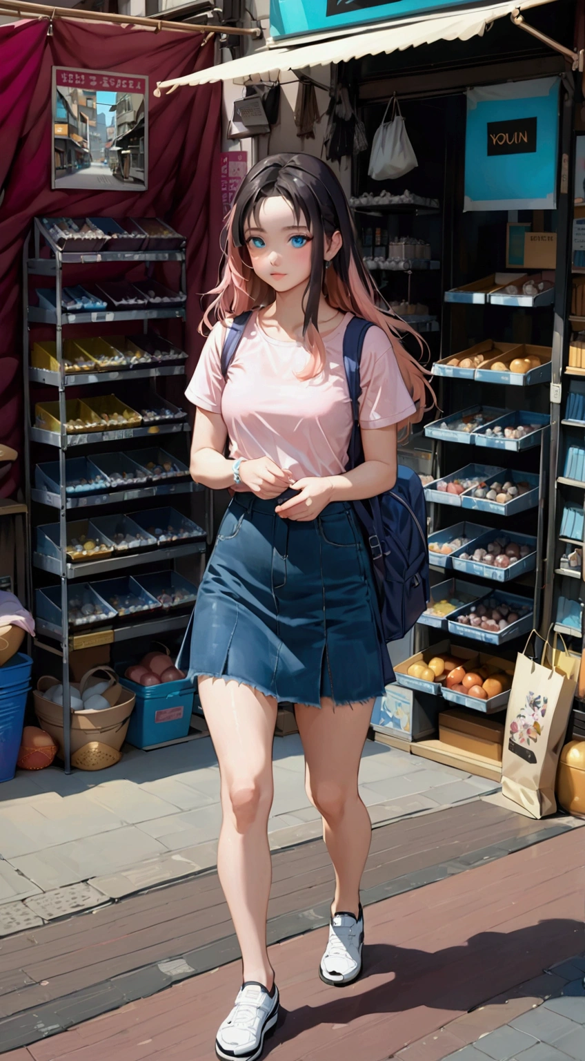 realistic anime illustration of pretty youn girl is walking along shopping district, she is carrying blue backpack, she has black long hair (+forehead, multicolored hair, brown hilighted tip of hairs), wears pink t-shirt, navy-blue denim a-line mini skirt, white sneakers, (1girl, solo, full body), (masterpiece, best quality, japanese anime style), (expressive eyes, perfect face, perfect anatomy)