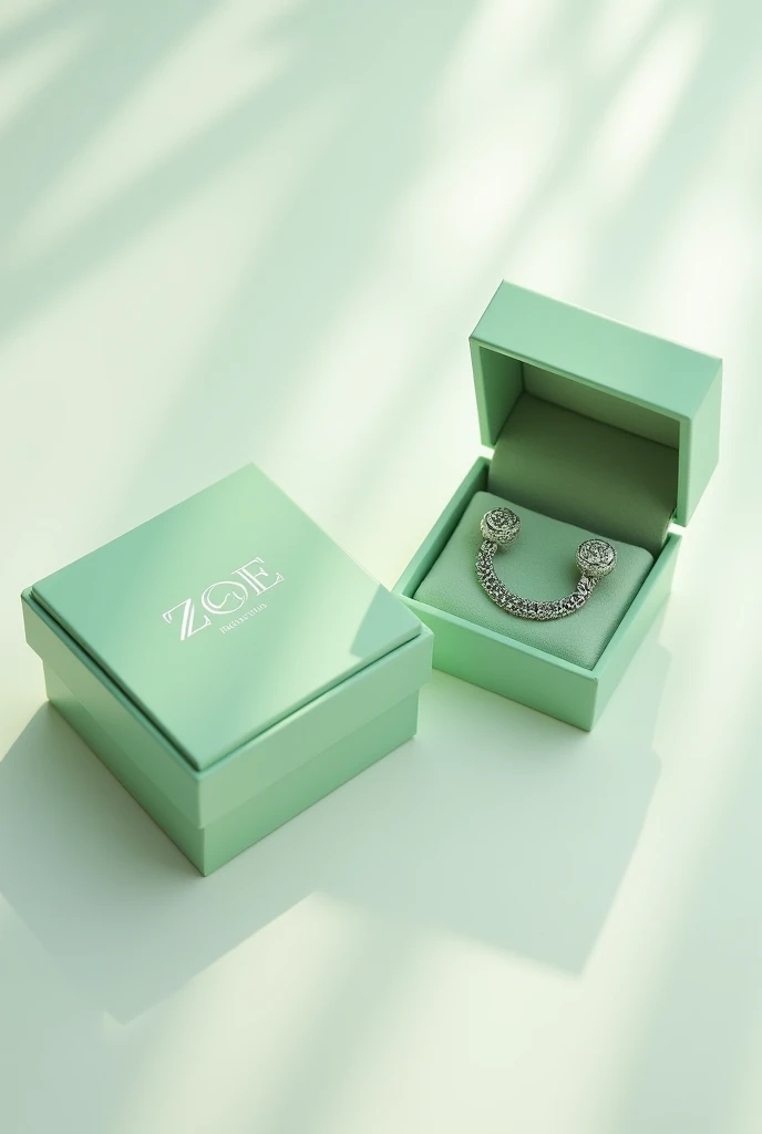 Create two earring boxes in pastel pistachio green, plain, closed and open, with a chain inside, with the name ZOE in a serif font.