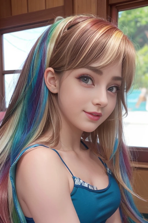 (La mejor calidad, 4k, 8k, Altas Resoluciones, Obra maestra:1.2), Ultra detallado, cara detallada, Labios y ojos detallados..........., lindo maquillaje , aspecto atractivo, Rostro expresivo, realista,
Romper ,Beautiful Caucasian woman with shoulder length messy wavy pink hair, 18 years old, Grandes ojos color rosa, piel clara, slim and athletic, cabello que cubre un ojo,
Romper (dynamic pose), senos grandes , Luz solar suave iluminando la escena, Sutil movimiento del viento en el cabello, happy expression, gloomy atmosphere, afable, Natural lighting that emphasizes your features..........., Subtle shadows that add depth and dimension to the image....... , beautiful girl , mlp Rainbow Dash , pelo de colores arcoiris , cabello de colores arcoiris , outfit elegante ,cuerpo completo , Rainbow Dash , cara alegre , linda sonrisa, vestido elegante , cuerpo completo , maquillaje, labios rojos