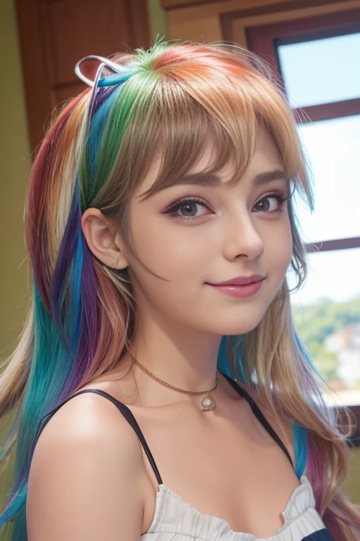 (La mejor calidad, 4k, 8k, Altas Resoluciones, Obra maestra:1.2), Ultra detallado, cara detallada, Labios y ojos detallados..........., lindo maquillaje , aspecto atractivo, Rostro expresivo, realista,
Romper   ,Beautiful Caucasian woman with shoulder length messy wavy pink hair, 18 years old, Grandes ojos color rosa, piel clara, slim and athletic, cabello que cubre un ojo,
Romper  (dynamic pose),  senos grandes , Luz solar suave iluminando la escena, Sutil movimiento del viento en el cabello, happy expression, gloomy atmosphere, afable, Natural lighting that emphasizes your features..........., Subtle shadows that add depth and dimension to the image....... , beautiful girl  , mlp Rainbow Dash , pelo  de colores arcoiris , cabello de colores arcoiris , outfit  elegante ,cuerpo completo , Rainbow Dash , cara alegre , linda sonrisa, vestido elegante , cuerpo completo , maquillaje, labios rojos 