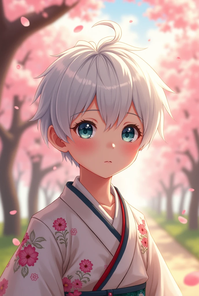 Make an image: Make a white-haired, white-skinned child, blue eyes and Japanese descent, anime male character