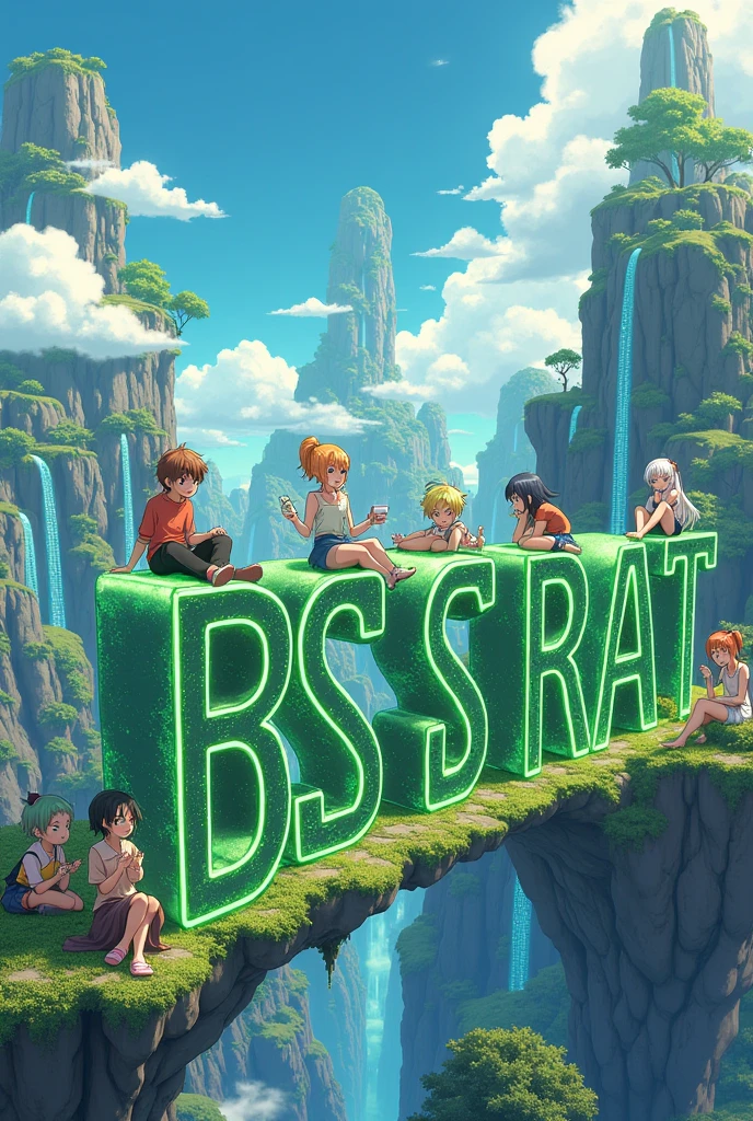 design the word ABSTRACT blockchain green  with a chain in anime world with anime people sitting on the Abstract 