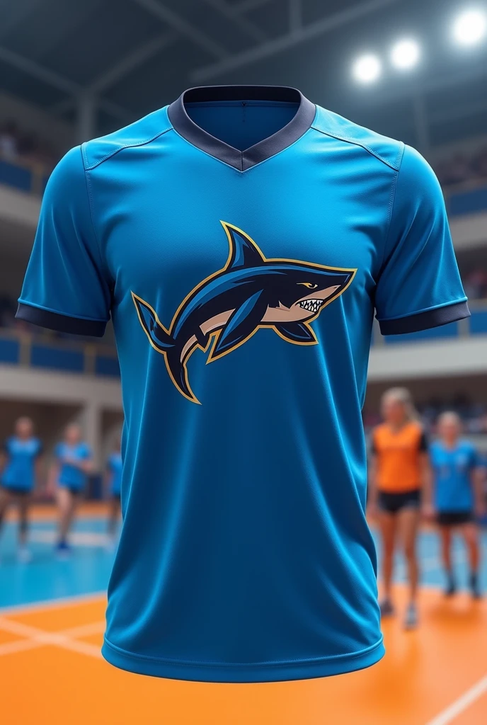 Generate an image of a blue sports jersey with a shark logo for a volleyball team.