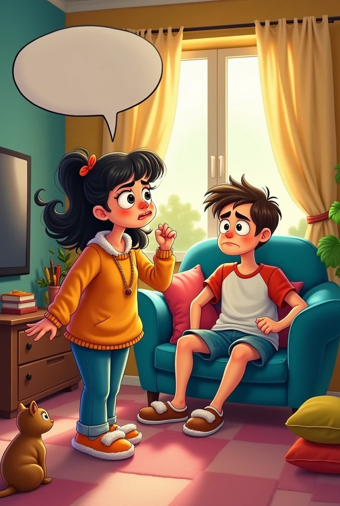 Depict a woman sulking at her husband in a cartoon style