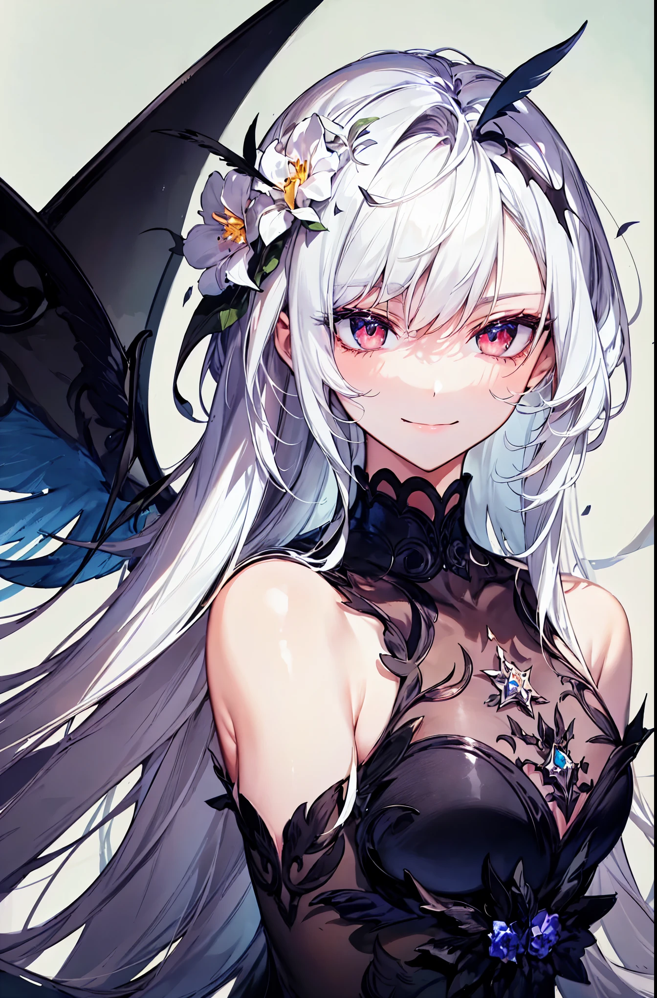 (fcDetailPortrait:0.77) ,masterpiece, best quality, (detailed anime, video game art, extremely detailed CG unity 8k wallpaper), (best quality), (best illustration), (best shadow), absurdres, realistic lighting, (Abyss), (art nouveau:1.25),(anime, solo, mature, tsurime, hair in front of eye, 1girl, dynamic, dynamic rotation, from the side, turning her head, portrait, face shot:1.19), (smile, smirk, evil, villain pose:1.2), flat chest, senti, black eyes, white hair, free flowing long hair, floating hair, (red eyes:1.14), blood, warrior, flower crown, war, ((black and white wings, two toned wings:1.4), fallen angel, flower in her hair:1.33), jingliu \(honkai: star rail\), onyx gems, glowing eyes, royal dress, black dress, ornate dress, (flower background, flower foreground:1.2), (art nouveau:1.33)