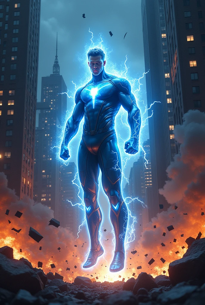 {
"size": "1024x1024",
"prompt": "A chaotic and dark cityscape at night, with towering skyscrapers partially engulfed in smoke and flames. Debris and sparks are flying through the air, adding to the sense of destruction and turmoil. Above the city, an electrified superhero named Electron hovers, surrounded by a glowing blue aura. His eyes are bright and intense, reflecting his deep focus and determination. The scene is dramatic and intense, showing Electron ready to take decisive action to restore order in this ravaged urban landscape."
}