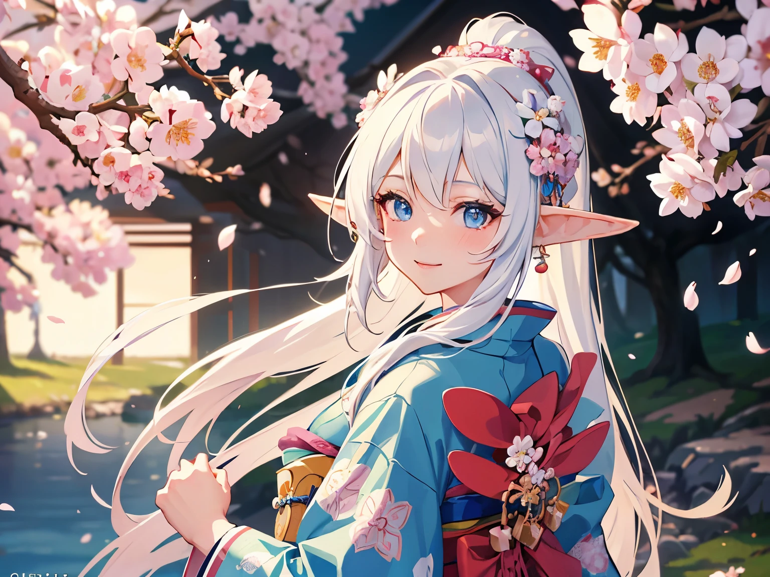 Masterpiece, best quality, UHD, 1girl, elf girl, long white hair, ponytail, blue eyes, detailed eyes, elf ears, (at the sakura tree), sakura petals, ((wearing flowers pattern kimono)), blushing, smiling, walking, colourfull background, 4k, beauty scenery, cinematic lighting, volumetric lighting, warm lighting