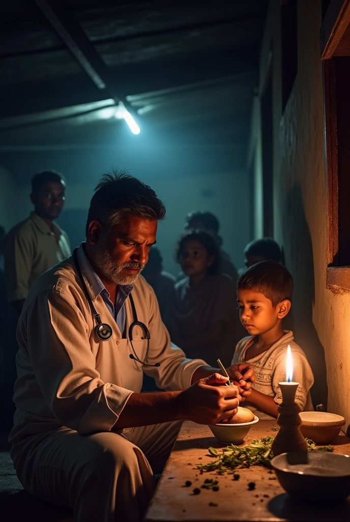 **Scene 3: Treating Raju**
Inside a dimly lit hut, show Dr. Sudhir wearing apron and stethoscope,caring for young Raju. The scene includes worried family members in the background and Dr. Sudhir carefully administering medicine to the boy, highlighting the seriousness of the situation.