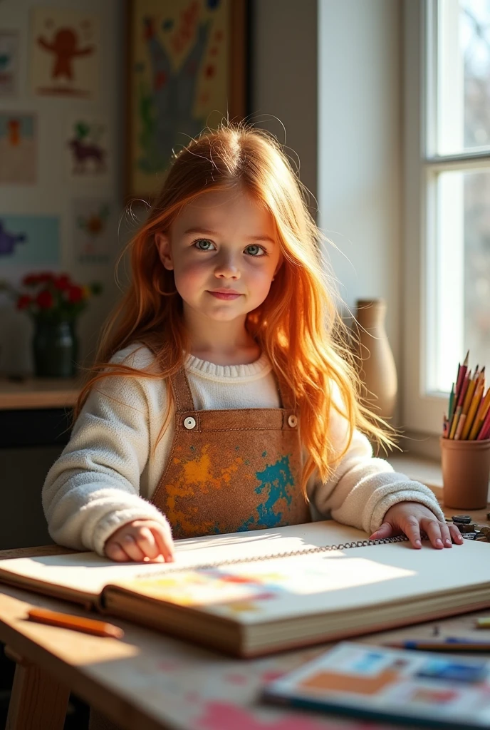 A girl opening a book , artist girl , pencils around