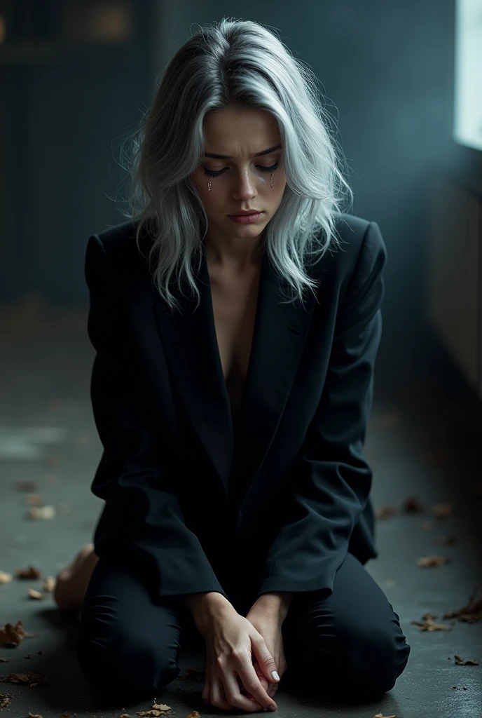 18 year old grey haired blue eyed girl sitting on her knees crying hard with tears in her eyes wearing black suit 